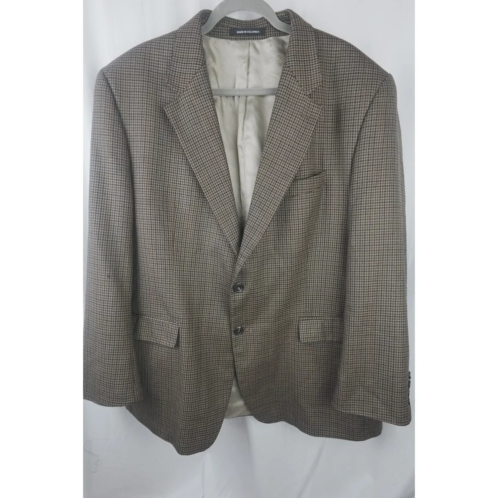 Robert Stock 46R Silk Wool‎ Blend Houndstooth Tan Brown Check Sport Coat Blazer