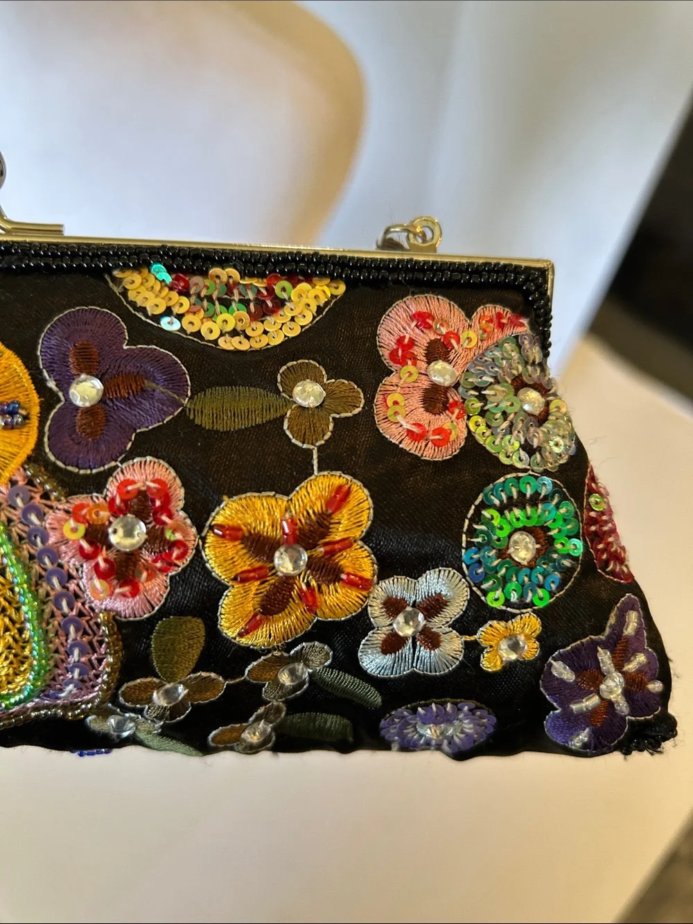 UNBRAIDED BLACK FLORAL EMBROIDERED WITH BEADS & SEQUINS & SLIVER CHAIN
