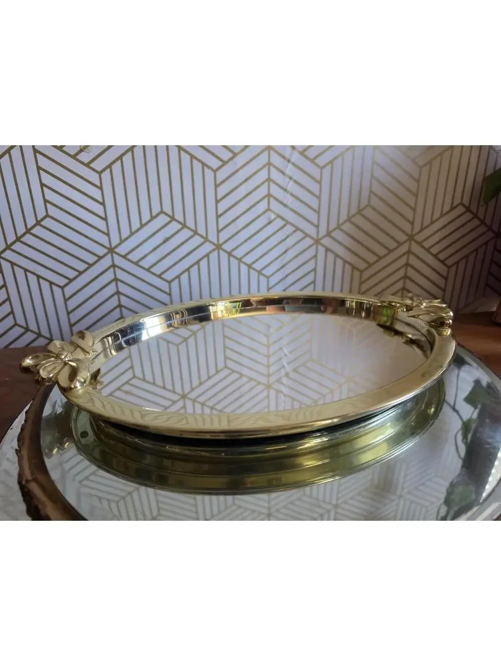 Vintage Gold Brass Ribbon Bows Oval Dresser Mirror Vanity Tray