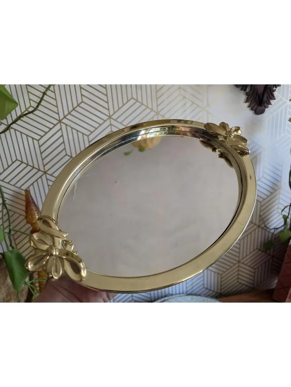 Vintage Gold Brass Ribbon Bows Oval Dresser Mirror Vanity Tray