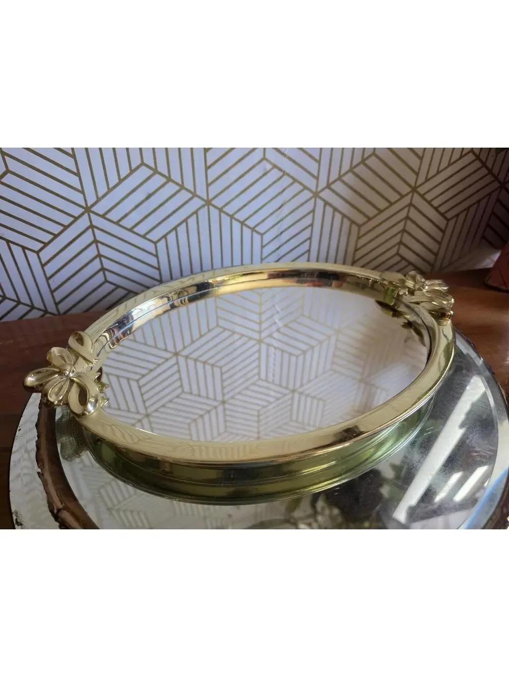 Vintage Gold Brass Ribbon Bows Oval Dresser Mirror Vanity Tray