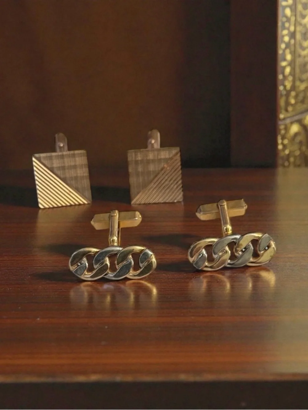 🫶🏻 Vintage Gold-Tone & Silver Chain Link Cufflinks plus Gold Detailed Set