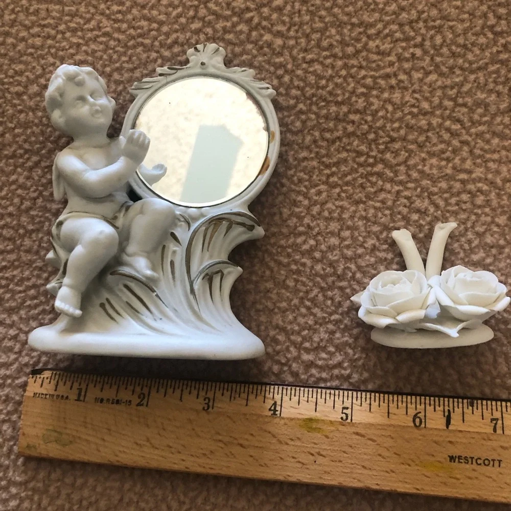White Cherub Accent Mirror with Floral Motif And Bisque Two White Roses