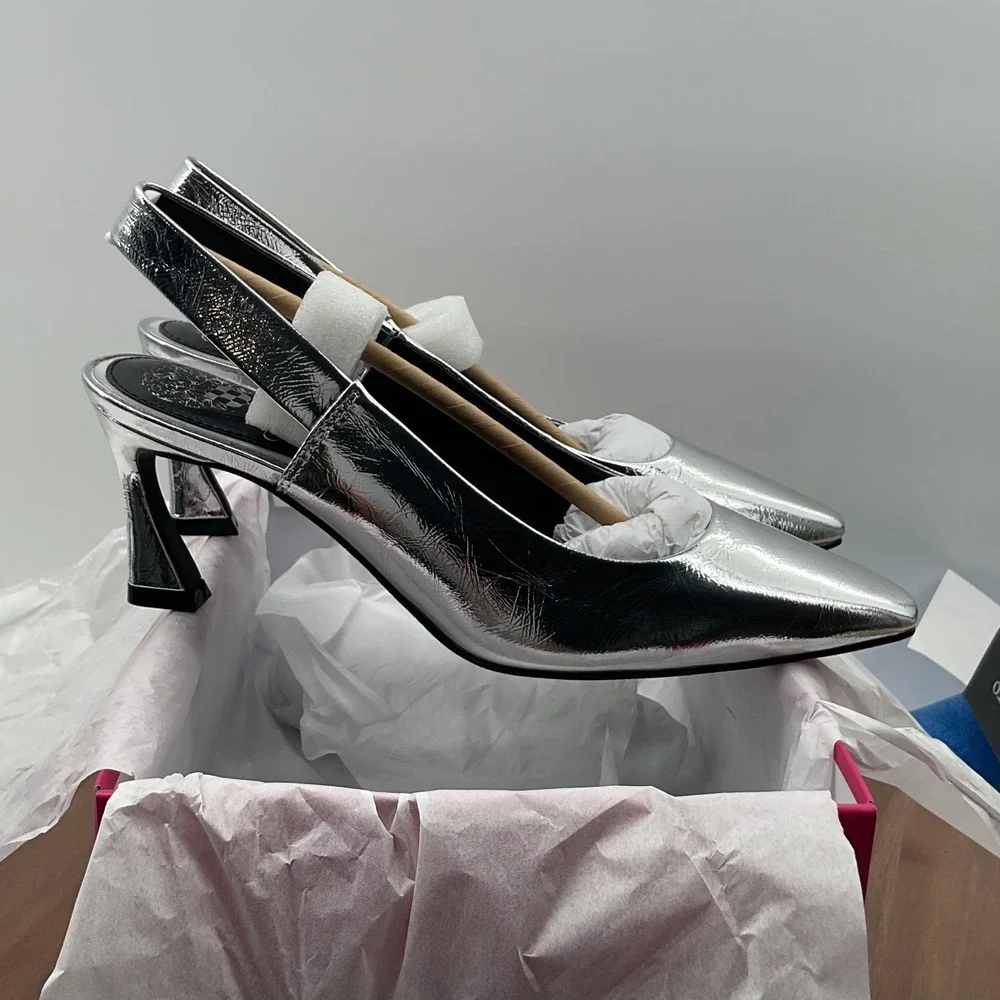 Vince Camuto Silver Metallic Slingback Pumps Square Toe Flared Heel New