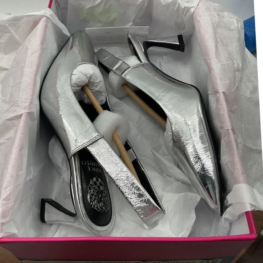 Vince Camuto Silver Metallic Slingback Pumps Square Toe Flared Heel New