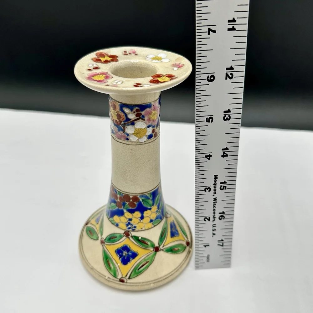 Boho Hand Painted Candlestick Holder 6” Japan Flowers Glazed Ceramic