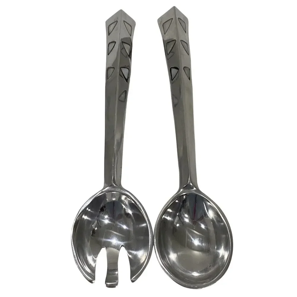 Artisan Silver Serving Fork & Spoon Set White Stone Shell Inlay Made in India