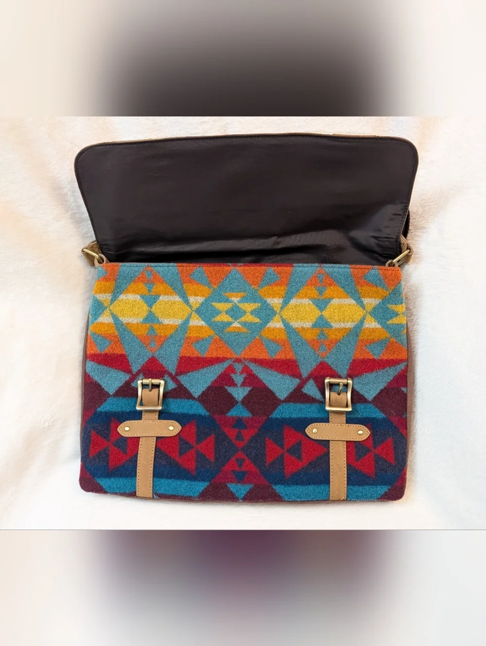 Vtg Pendleton Leather wool Messenger Laptop Bag crossbody EUC 15
