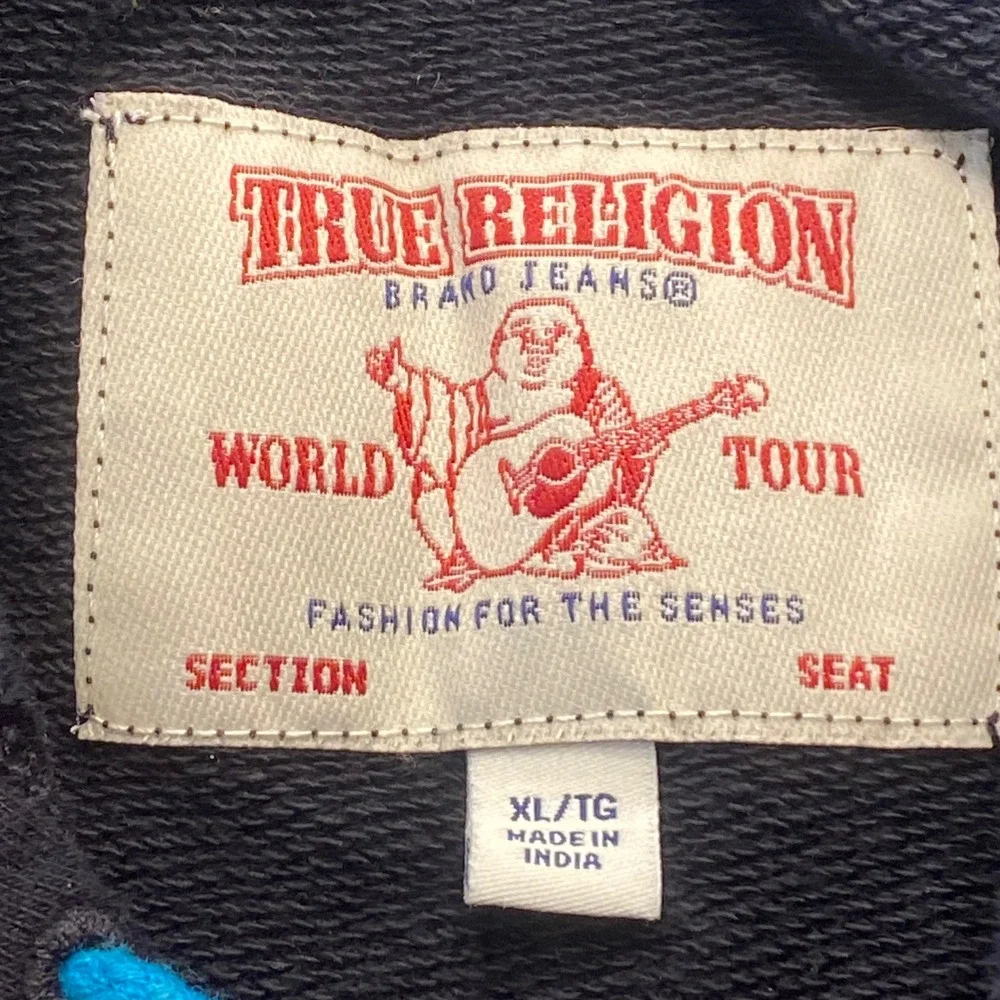 True Religion Mens XL Black Turquoise Lace Up Sleeveless Hoodie Graphic NEW