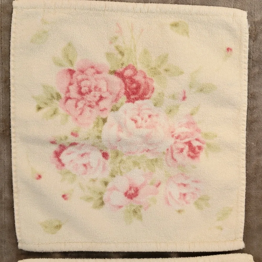 Terrisol Washcloth VTG Set 12x12 Cream Pink Rose Floral Cotton Karsten Brazil