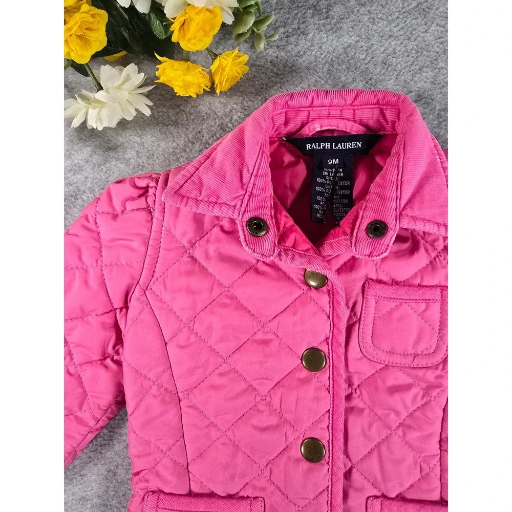 Ralph Lauren Baby Girls Pink Quilted Barn Jacket Coat Corduroy Trim 9m Classic