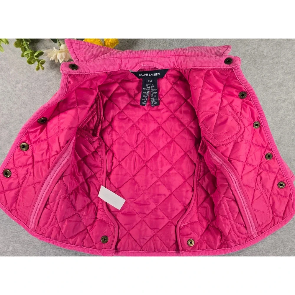 Ralph Lauren Baby Girls Pink Quilted Barn Jacket Coat Corduroy Trim 9m Classic