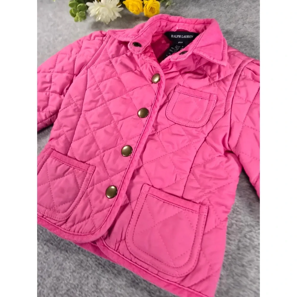Ralph Lauren Baby Girls Pink Quilted Barn Jacket Coat Corduroy Trim 9m Classic