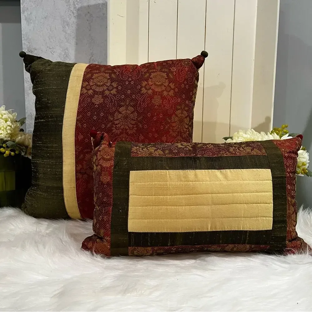 NEW Set Pier One Imports Silk Shantung Asian Floral Multi Colored Throw Pillow