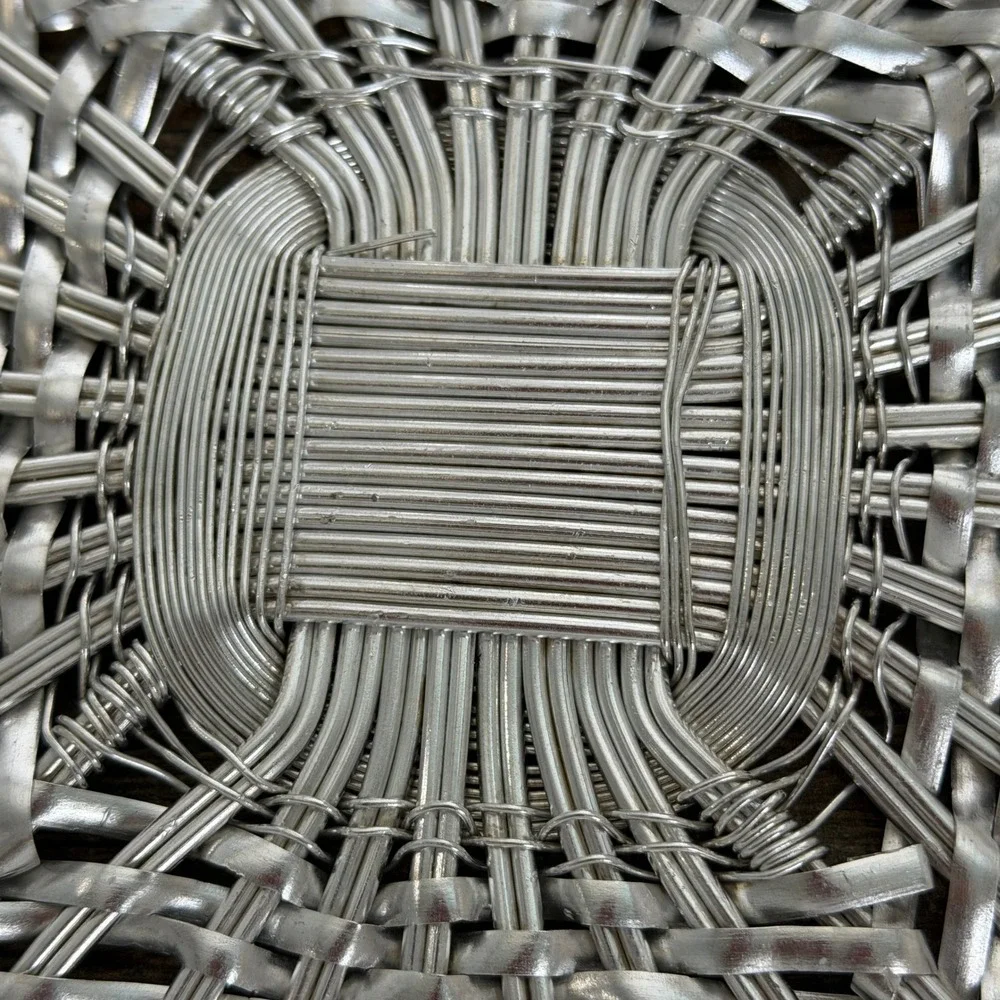 Vintage Woven Metal Wire Basket Silver Gold Trim Square Made in India 9.5 x 5 in