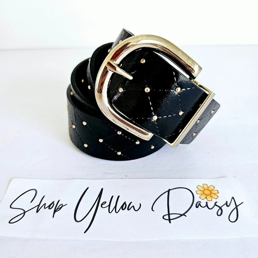 Womens Reversible Black‎ Gold Studded Diamond Belt 40 inches Long - B384.1