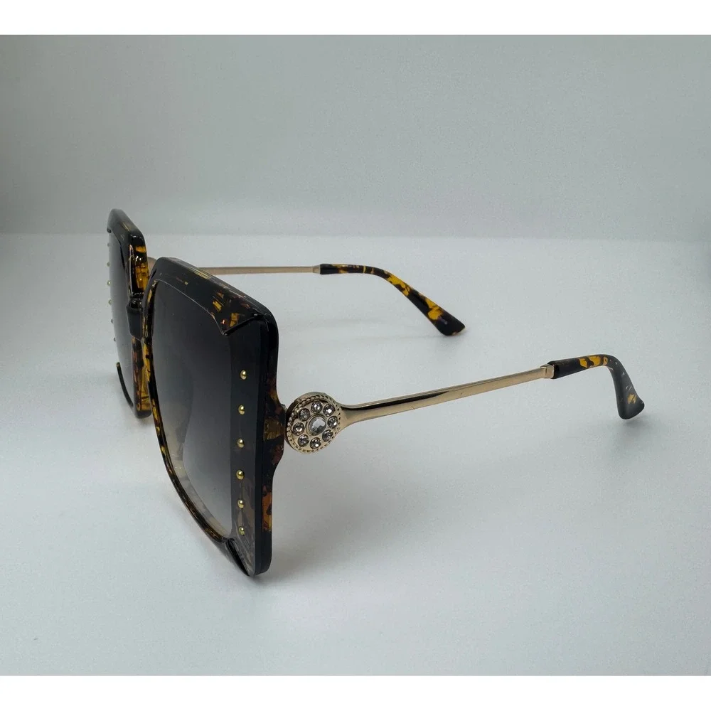 Oversized Square Tortoiseshell Sunglasses Gold Stud Crystal Medallion UV400