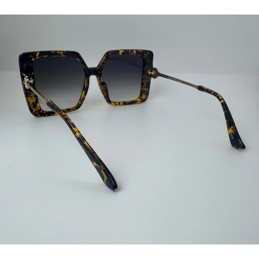 Oversized Square Tortoiseshell Sunglasses Gold Stud Crystal Medallion UV400