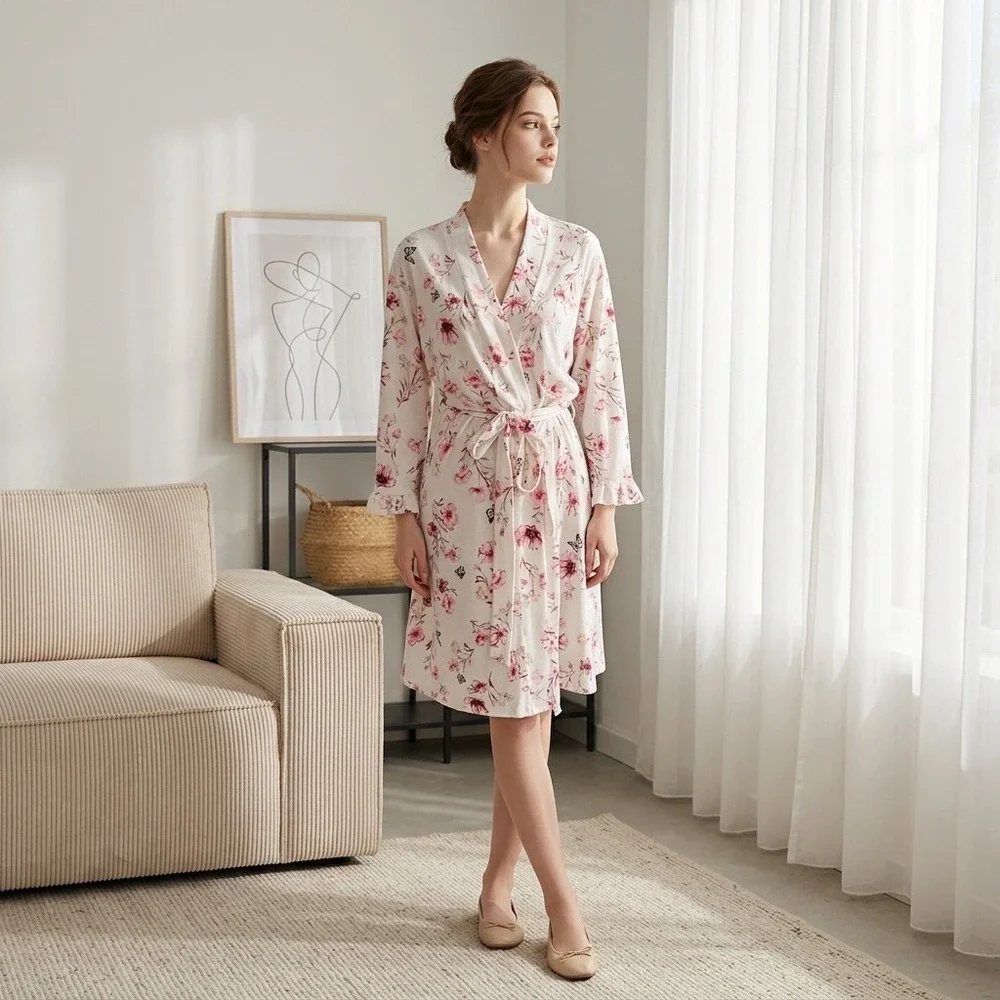 Laura‎ Ashley Womens Pink Floral Butterfly Print Robe White Small 3007-S1