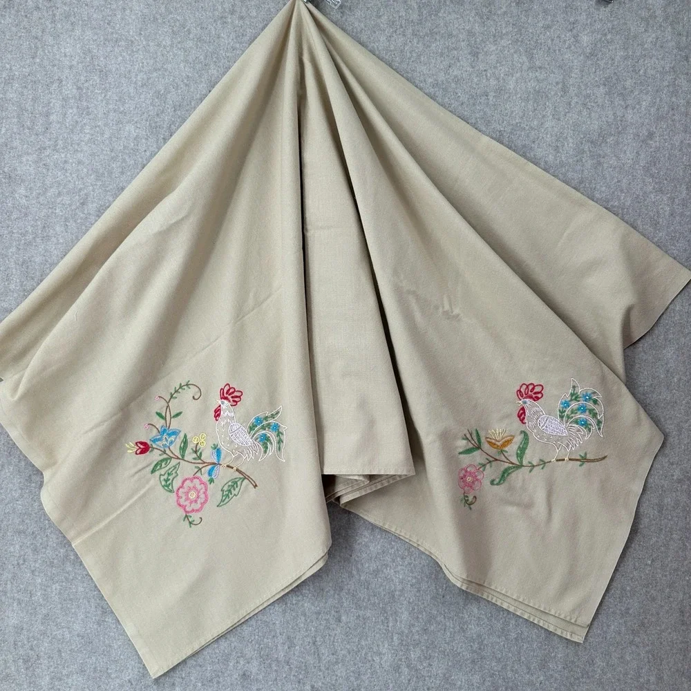 Vintage Hand Cross-Stitched Square Tablecloth W/ Roosters at Each Corner 51