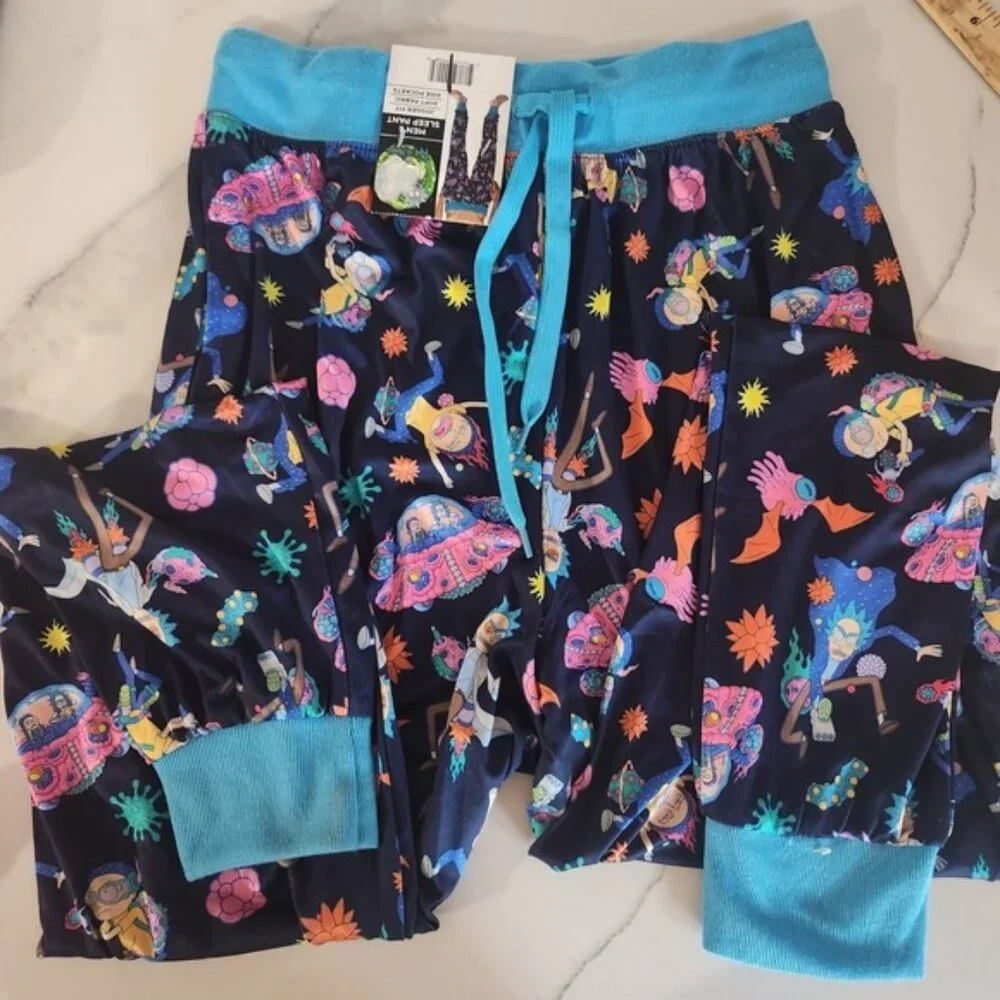 Rick‎ and Morty Sleep Pants Small Mens Pajamas Blue Print Elastic Waist