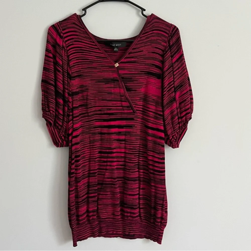 Nine West Fuchsia and Black Striped Knit V Neck Sweater