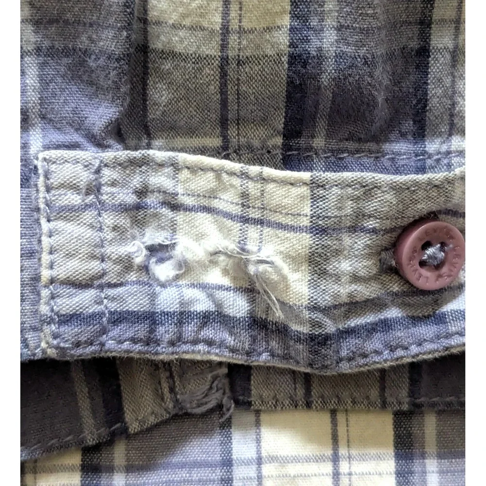 Levi's The Two Horse Brand Shirt Men's XL White Blue Plaid Tab Sleeve Pearl Snap