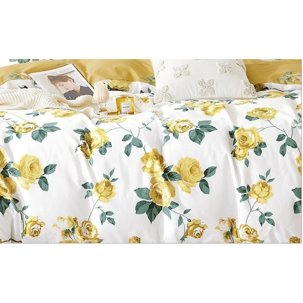 Anastasia Yellow Rose 100% Cotton Reversible Duvet‎ Cover Set Queen/Full
