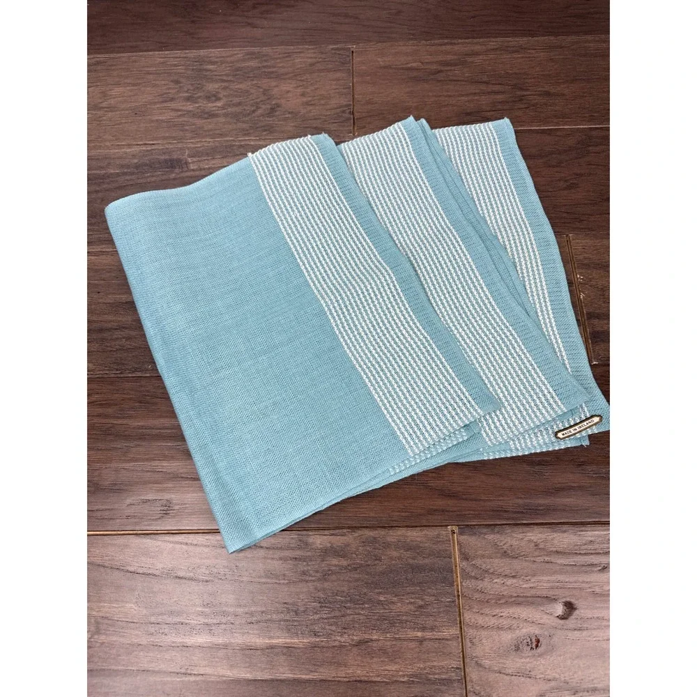 Set of 3 Blue and White Striped‎ Woven Placemats / Napkins Irish Linen