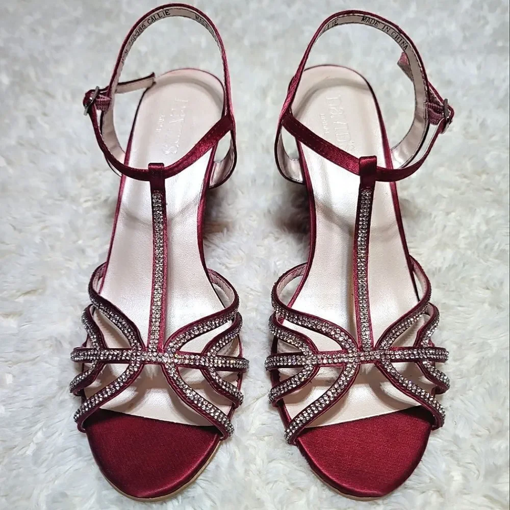 David's Bridal Red Metallic Crystal T-Strap Wedge Heels