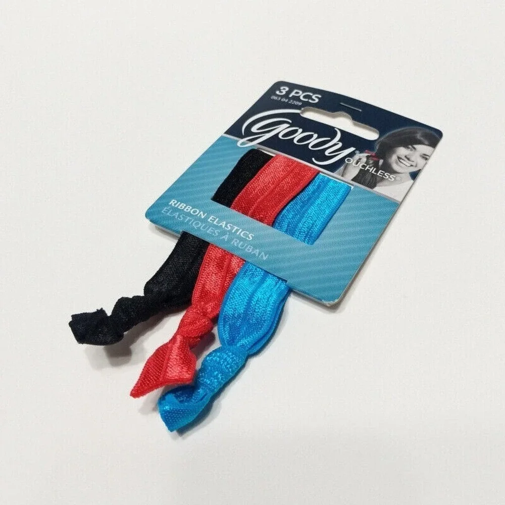 Goody Ouchless Ponytailers Ribbon Elastic Hair Tie 3 PCS Black Blue Red Solid