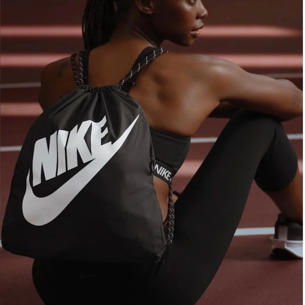 Nike Black Drawstring Sports Sack with White Logo and Red Accent