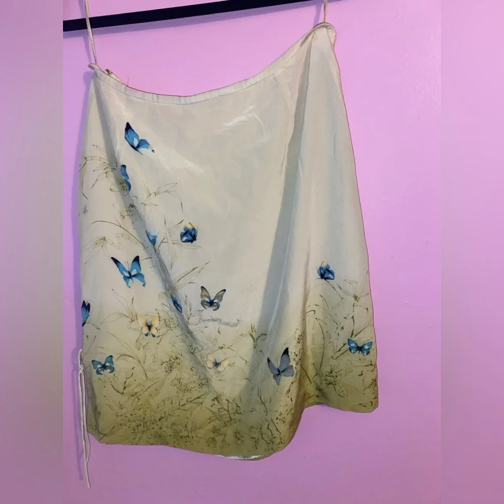 Cream Silk Skirt with Blue Butterfly Print.