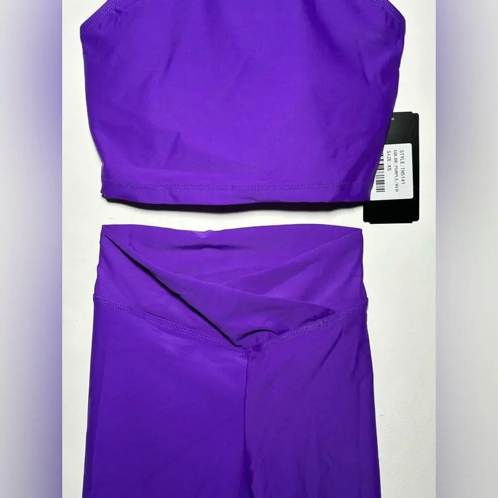 SET Theatricals dance 2 piece Purple Red Dancewear Crop Top Biker Shorts adult