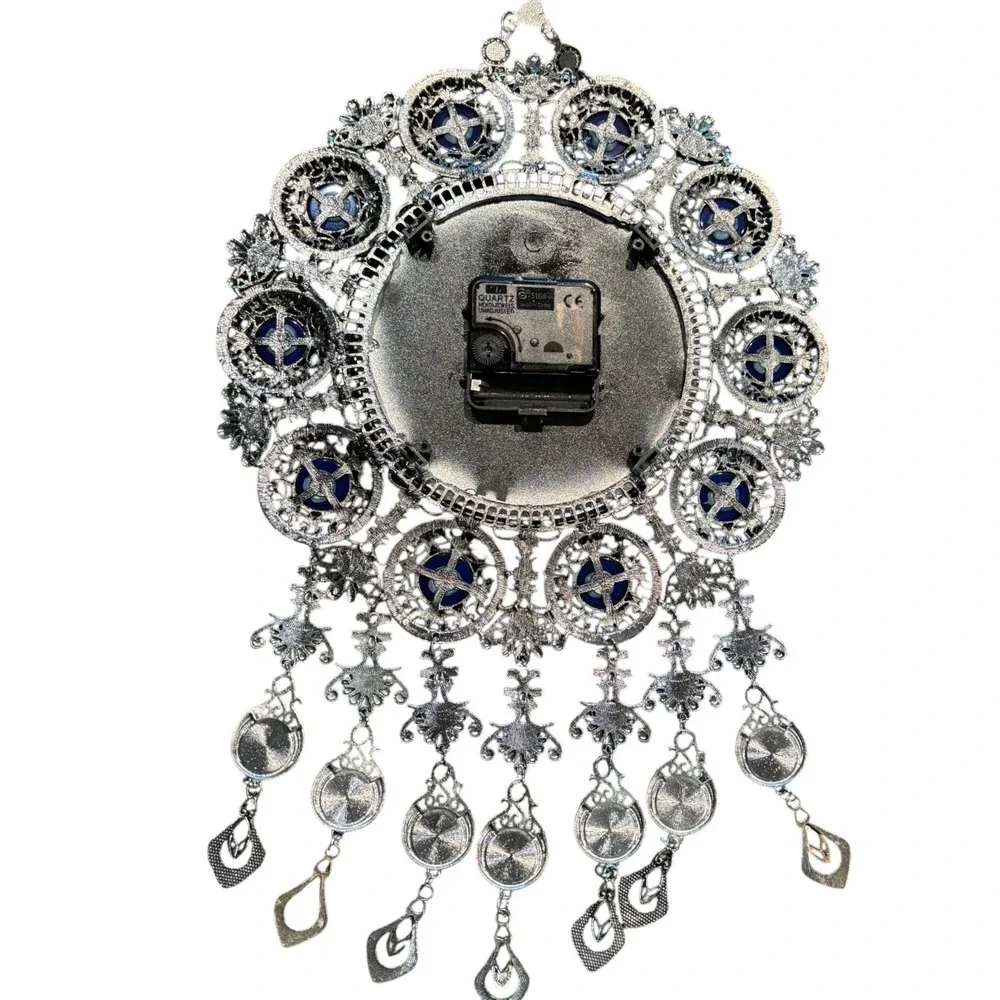 Evil Eye Wall Clock Silver Tone Filigree Nazar Beads Quartz Boho Decor 17.5in