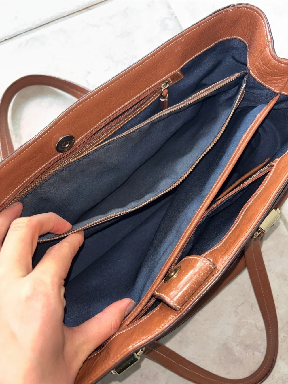 Cole Haan Brown Leather Tote Bag with Navy Interior