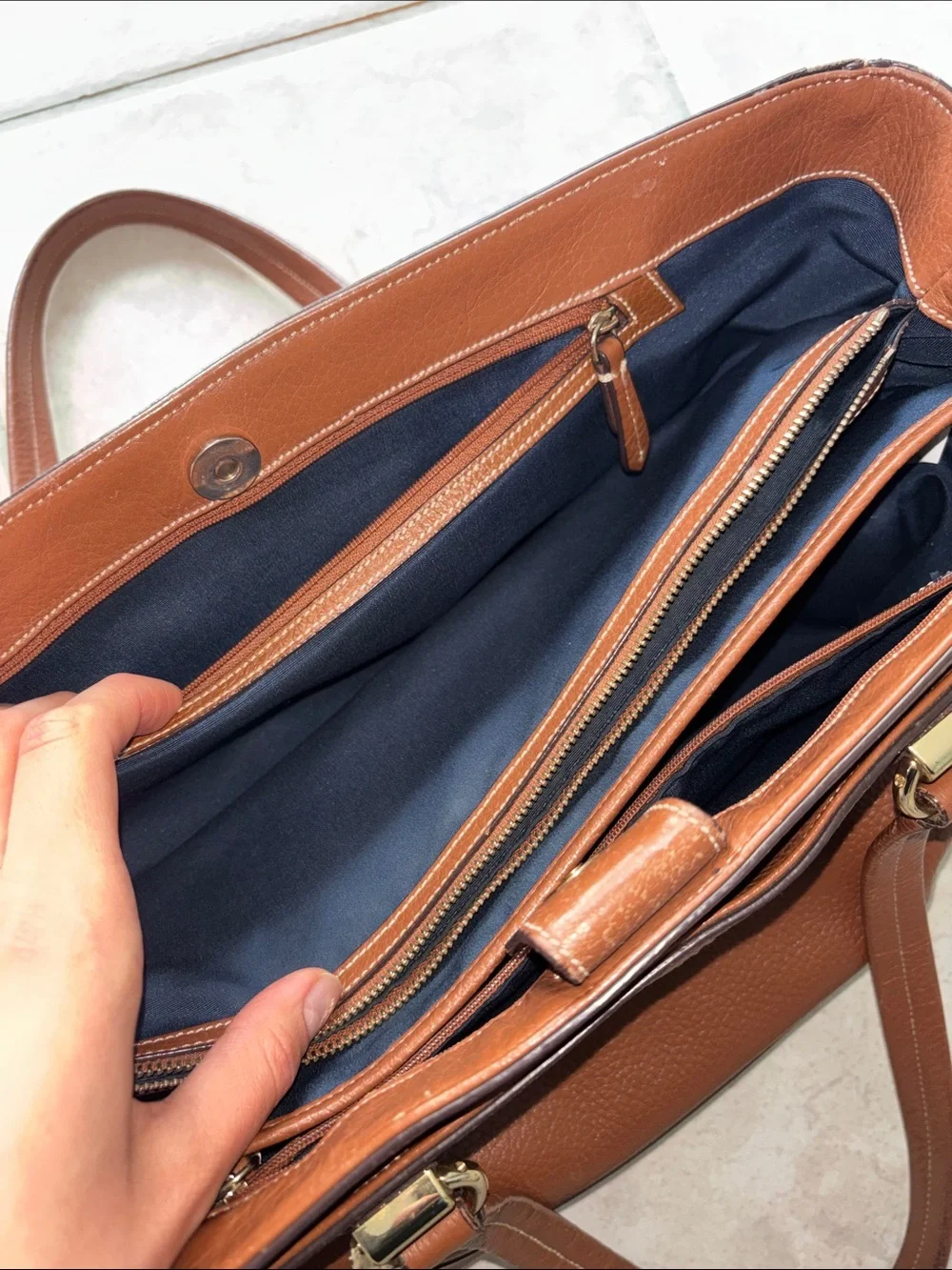 Cole Haan Brown Leather Tote Bag with Navy Interior