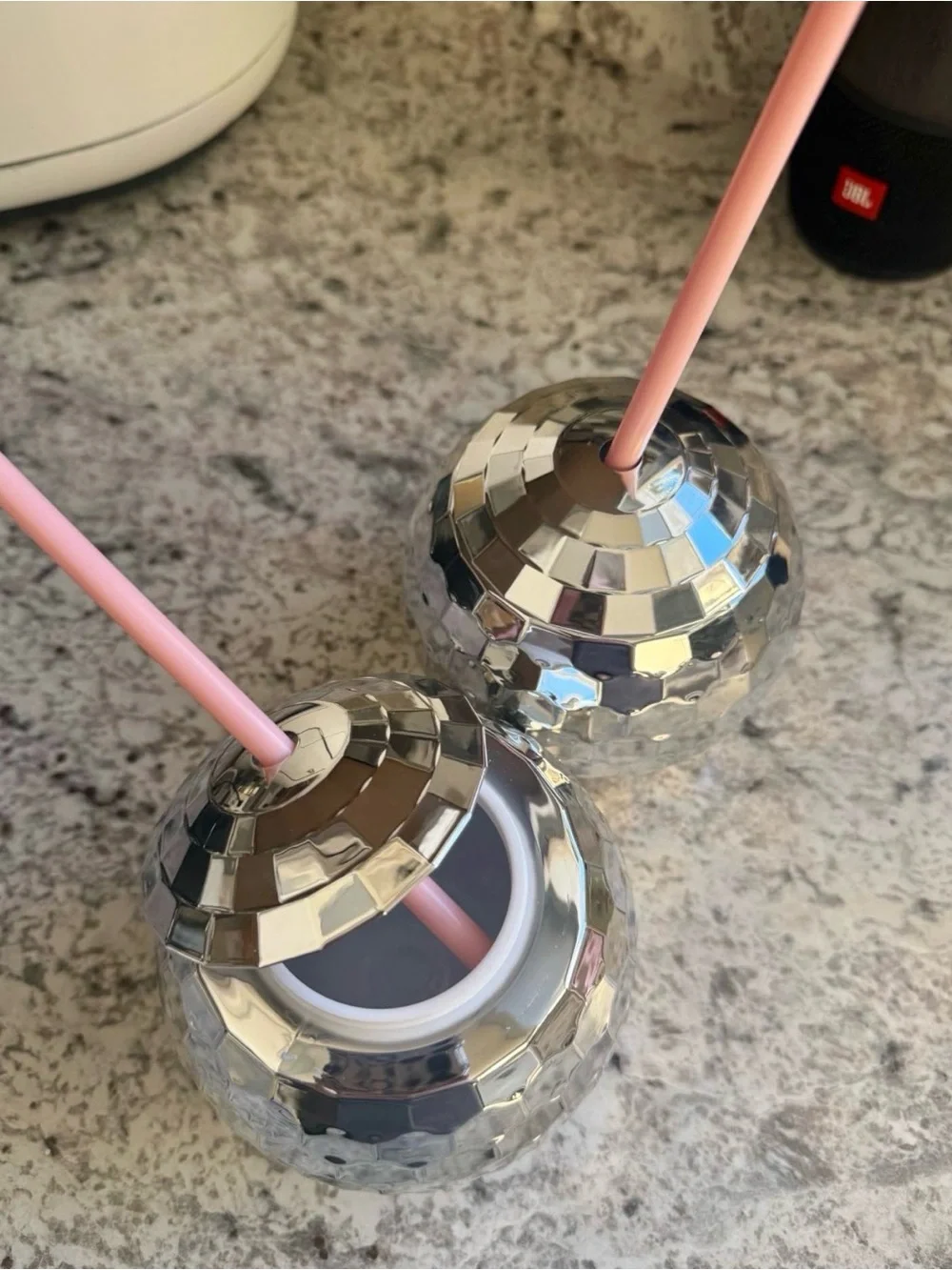 Silver Disco Ball Drink Tumblers with Pink straws