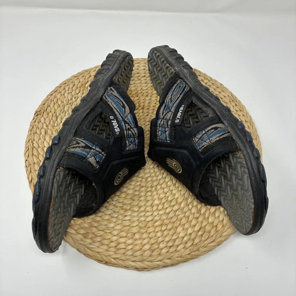 Vintage Teva Spiral Hand Logo Slides Men's 10 Black Blue Y2K Sandals