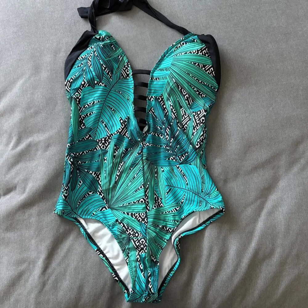 Jantzen Tropical Leaf Halter One Piece Swimsuit Ladder Plunge Size 12