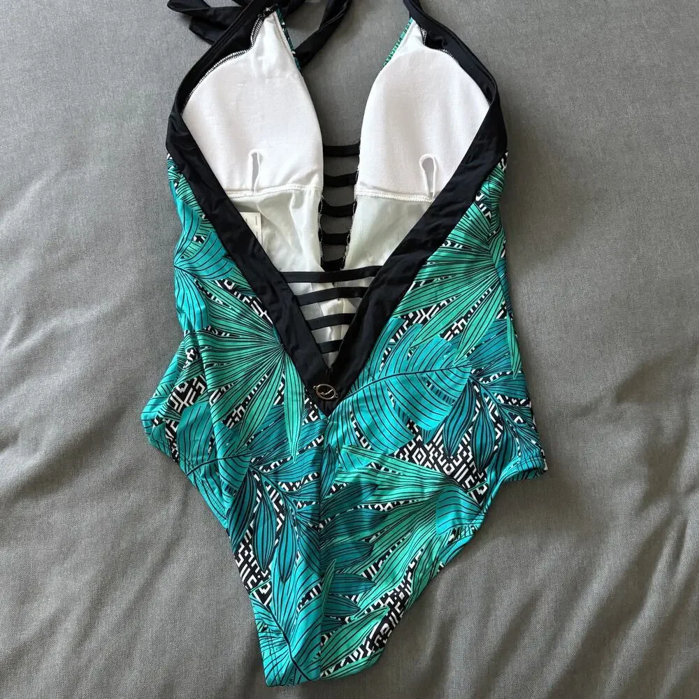 Jantzen Tropical Leaf Halter One Piece Swimsuit Ladder Plunge Size 12