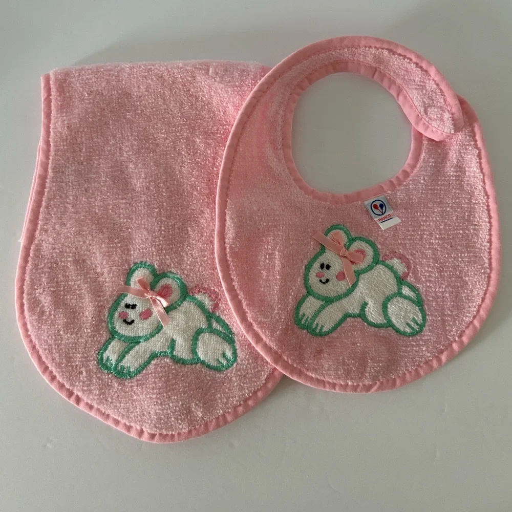 🦋 5/$25 - Hamco Baby Bib and Burp Cloth Set Embroidered Bunny Vintage 90’s