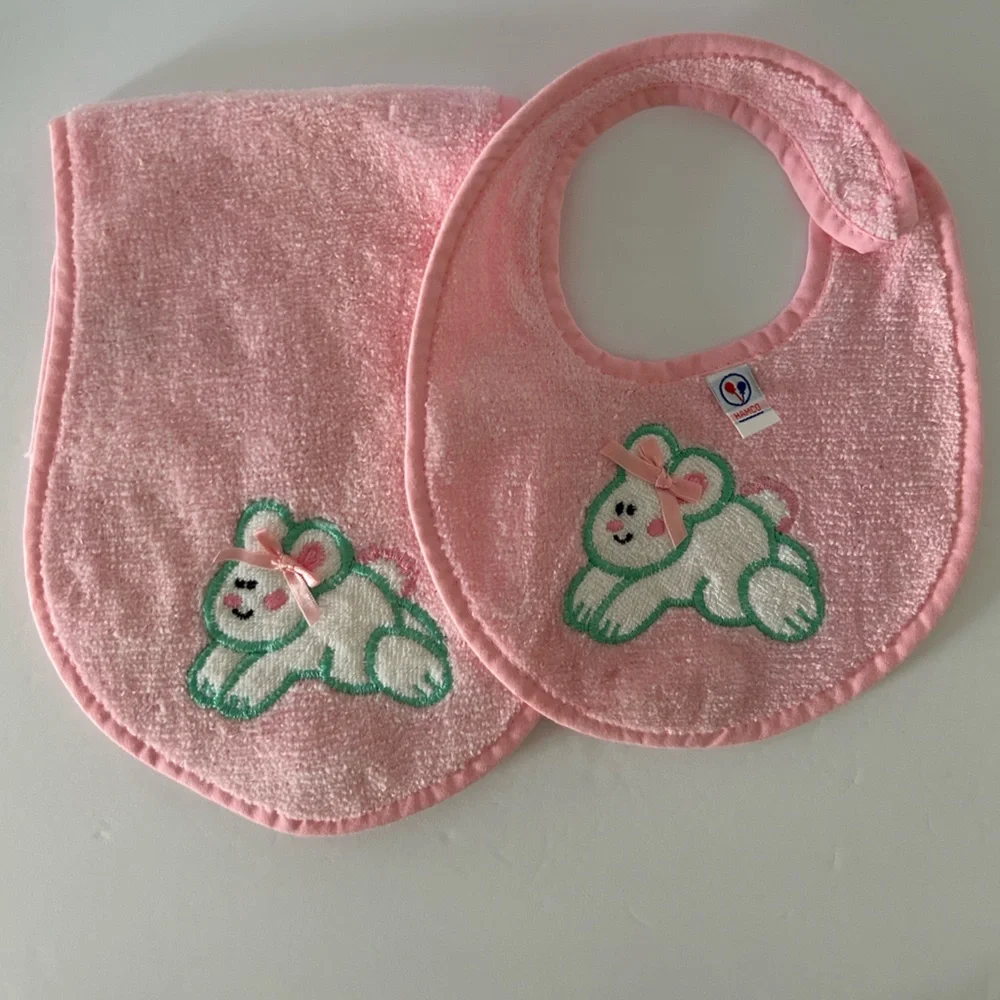 🦋 5/$25 - Hamco Baby Bib and Burp Cloth Set Embroidered Bunny Vintage 90’s