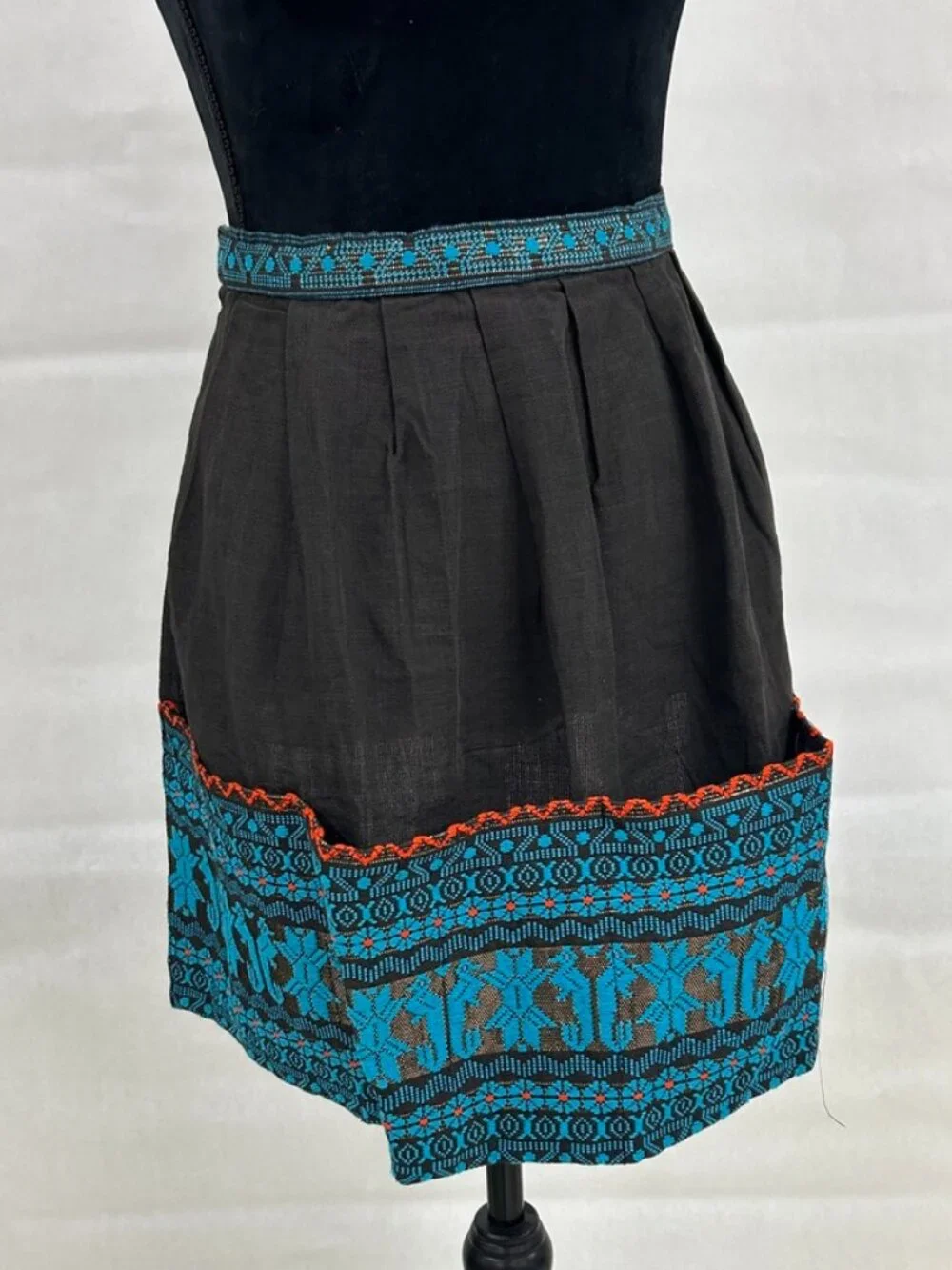Boho Cottagecore Artisan MAYATEX Guatemalan Handwoven Apron Black Turquoise