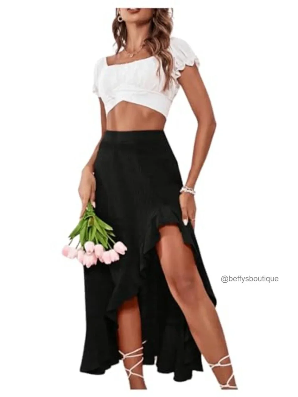 Boho Floral High Waisted Ruffle Maxi Skirt Split Thigh Swing Summer