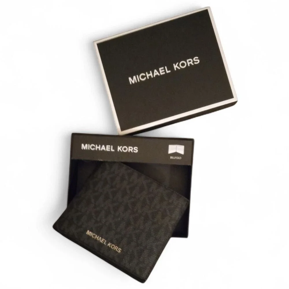 New Michael Kors Signature Logo Black Bifold Wallet Mason