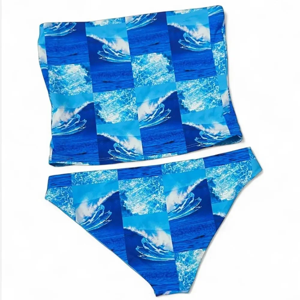 3 Piece SET Frankies Bikinis Waves Print Blue Sz M