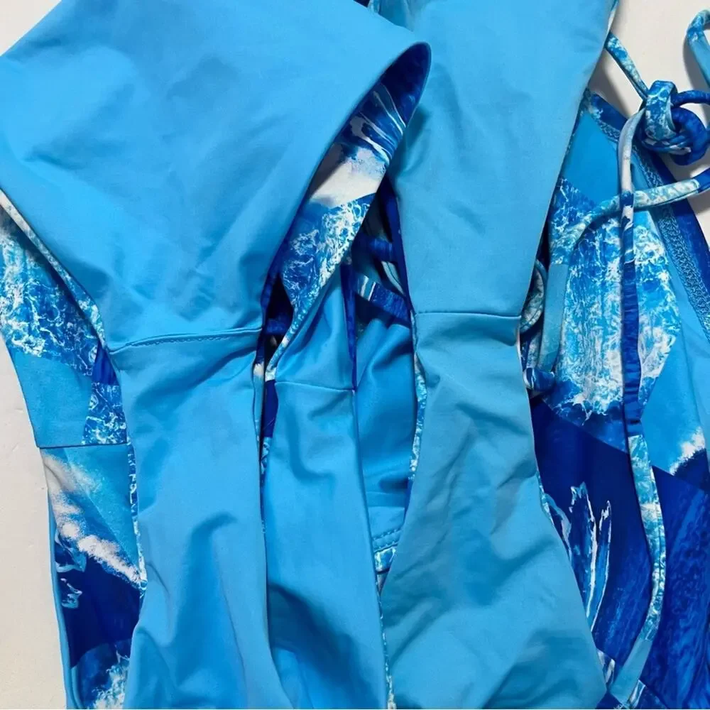 3 Piece SET Frankies Bikinis Waves Print Blue Sz M