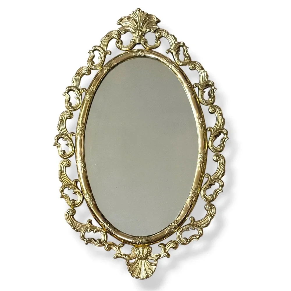 Vintage Solid Brass Baroque Wall Mirror Ornate Heavy Oval Regency Decor MCM
