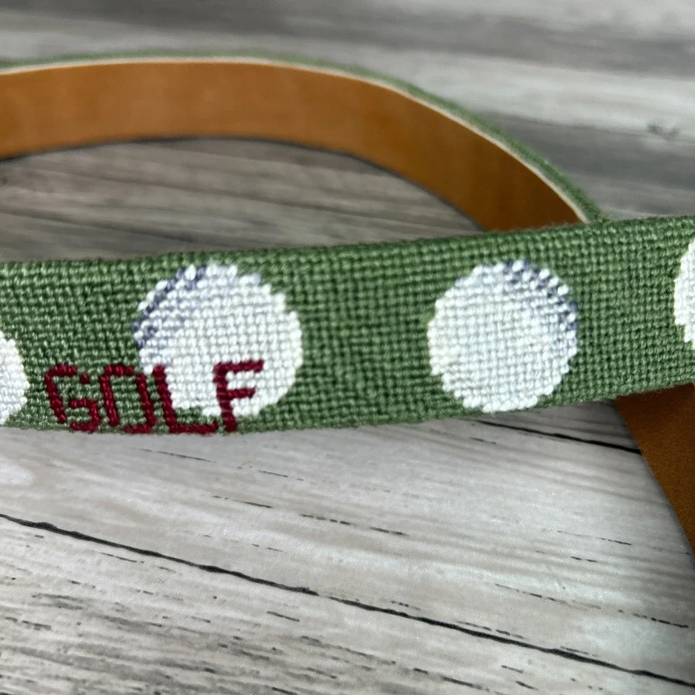 Needlepoint‎ Golf Belt Size 39 Vintage Golf Balls Grandpa Green